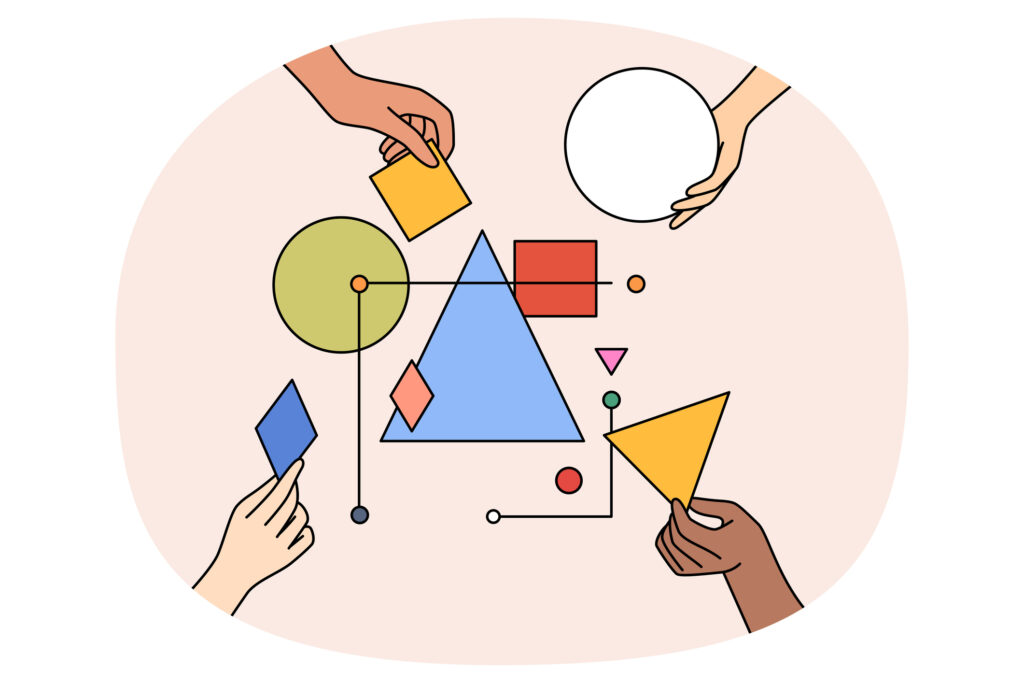 Colorful cartoon of many hands assembling geometric shapes into a pattern.