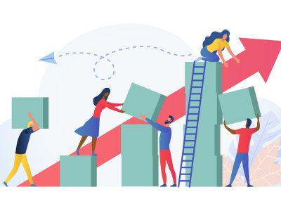 Composition with group of multiracial employees, managers or office workers moving boxes to assemble towers. Concept of teamwork, team building and building successful business. Vector illustration.
