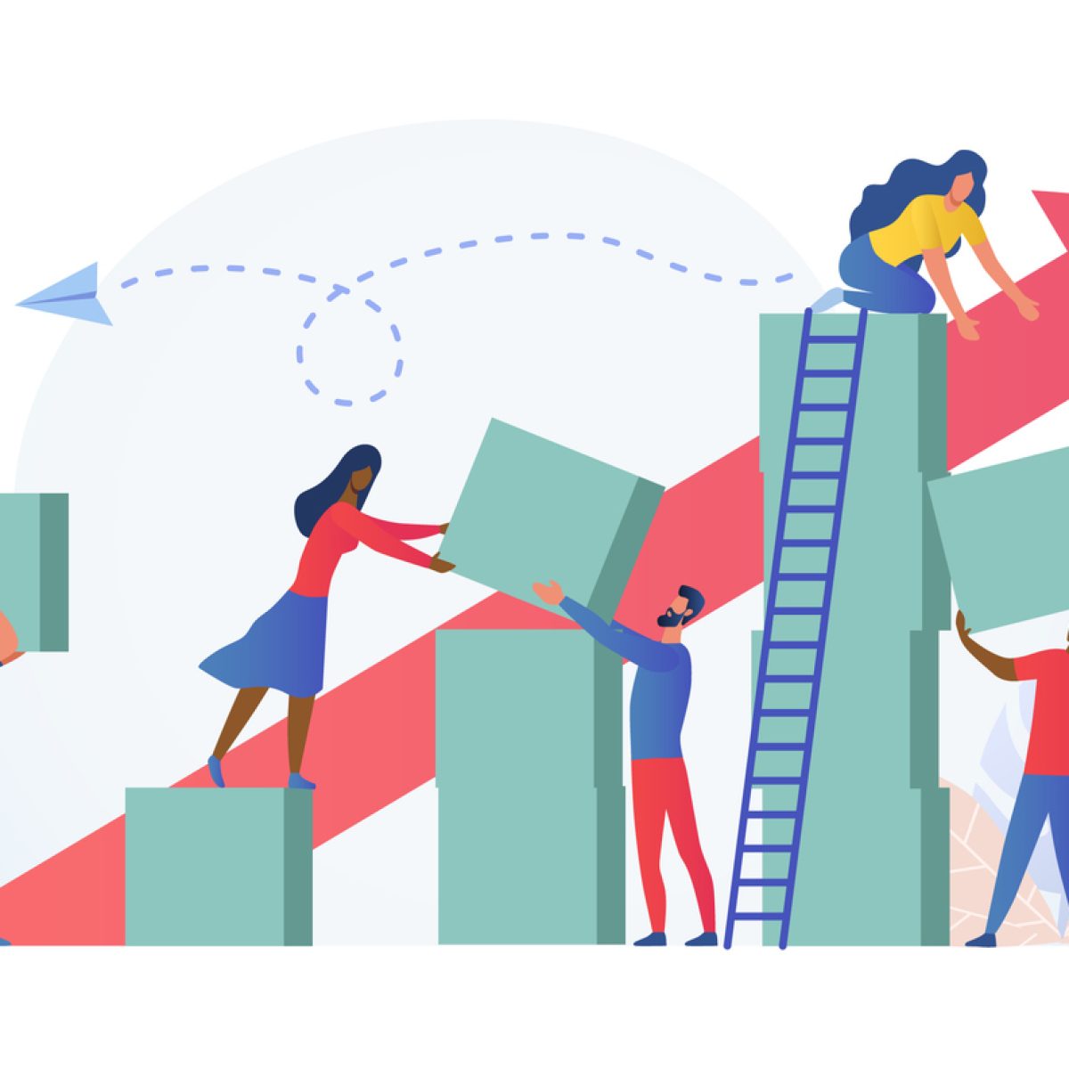 Composition with group of multiracial employees, managers or office workers moving boxes to assemble towers. Concept of teamwork, team building and building successful business. Vector illustration.