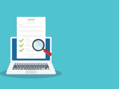 Online digital document inspection or assessment evaluation on laptop computer, contract review, analysis, inspection of agreement contract, compliance verification. Vector illustration