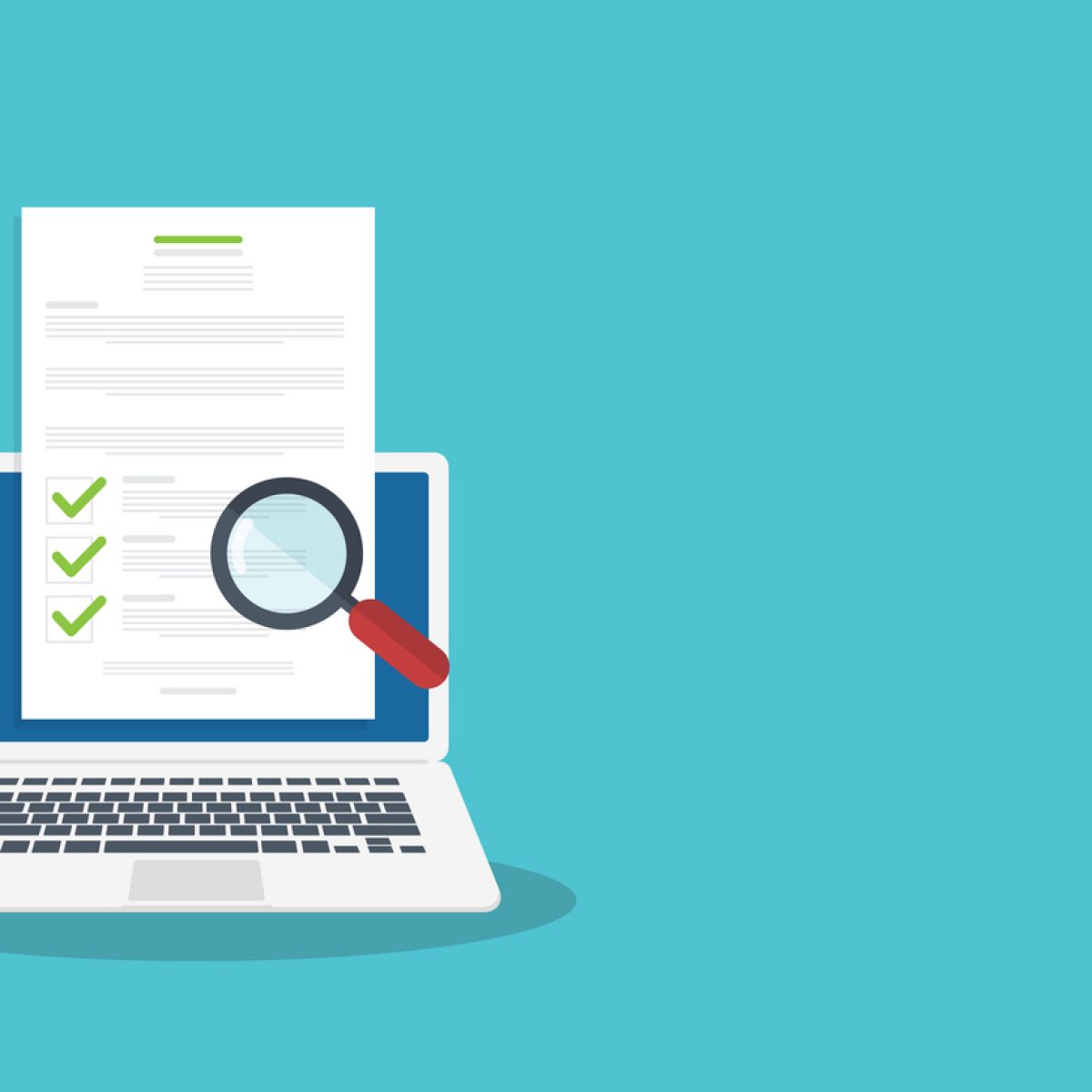 Online digital document inspection or assessment evaluation on laptop computer, contract review, analysis, inspection of agreement contract, compliance verification. Vector illustration