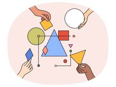 Colorful cartoon of many hands assembling geometric shapes into a pattern.
