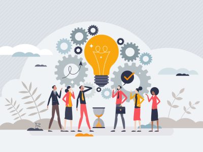 Innovation and creative mechanical solution as business tiny person concept. New startup idea with modern technology development vector illustration. Time sensitive project team with breakthrough.