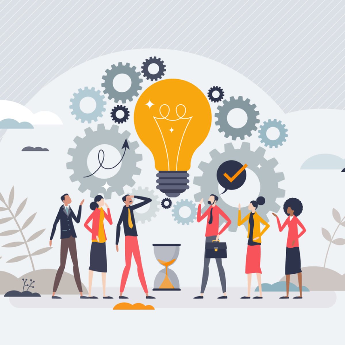 Innovation and creative mechanical solution as business tiny person concept. New startup idea with modern technology development vector illustration. Time sensitive project team with breakthrough.