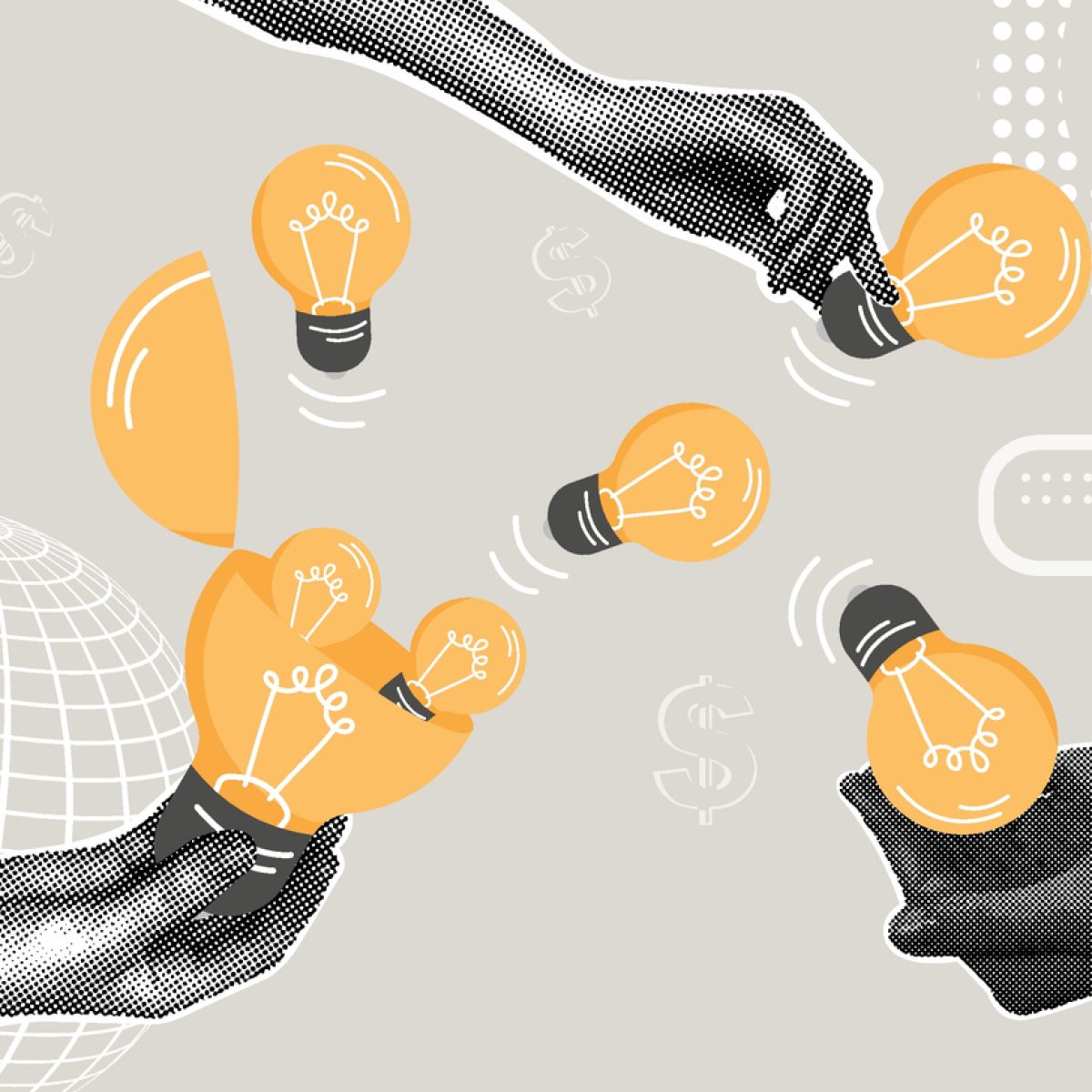 Contemporary halftone collage. Concept idea generation, invention and cognition, ready solution. Open light bulb with new ideas. Hands collecting ideas. Vector illustration
