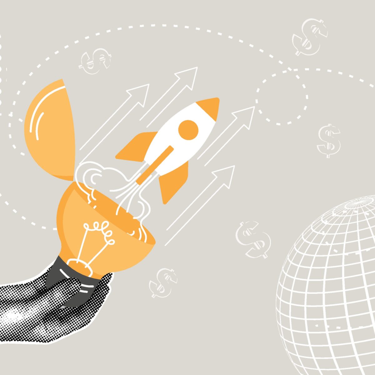 Trendy halftone collage. New idea startup concept, Innovation, business startup, breakthrough idea concept. Illustration for web banner, social media banner. Vector illustration