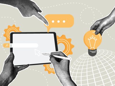 Trendy halftone collage. Creative idea, digital innovation and technology. Programming concept, research concept, idea development concept. Vector illustration