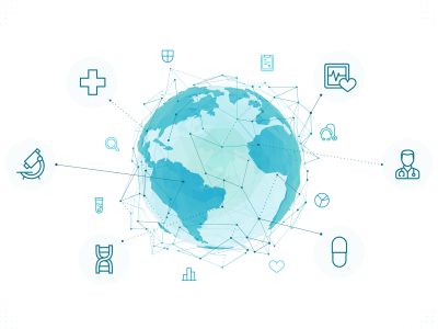 Digital earth globe made of polygons with healthcare and medical icons around. Concept of global health, telemedicine, and biotechnology development using modern technology and worldwide connectivity.