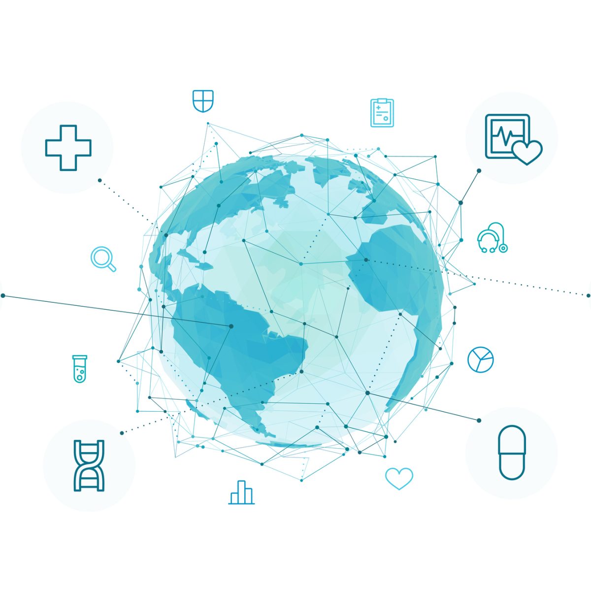 Digital earth globe made of polygons with healthcare and medical icons around. Concept of global health, telemedicine, and biotechnology development using modern technology and worldwide connectivity.