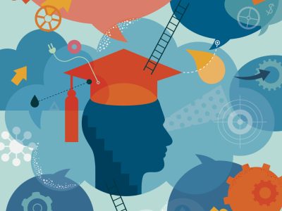 Abstract vector illustration is showing a student become graduate. Head silhouette wearing a graduation had is placed into the centre as  a main element. All around surface/and head, there are placed different elements, which are showing graduates thoughts, achievements and also future goals. We can find ladders which are metaphor for all improvements; gears for thinking; puzzles for solutions; target for goals; stairs for moving up ect. Illustration is using mainly blue palette (blue as a color is associated with wisdom) which is highlighted with orange and yellow tones. Illustration is nicely layered.